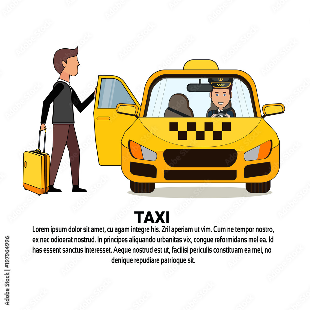 Man With Suitcase Sitting In Yellow Cab Car Taxi Service Icon Over  Background With Copy Space Flat Vector Illustration Stock Vector | Adobe  Stock