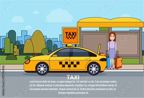 Woman Wait For Taxi At Station City Transport Service Concept Flat Vector Illustration