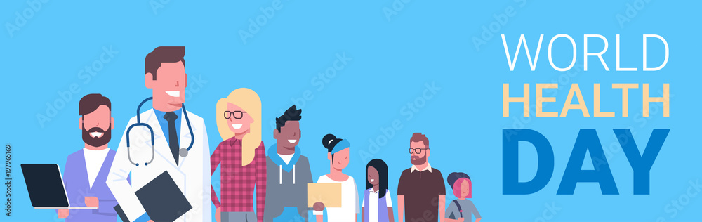 World Health Day Poster With Doctor And Group Of Patients Healthy Holiday Horizontal Banner Flat Vector Illustration World Health Day Poster With Doctor And Group Of Patients Healthy Holiday Horizontal Banner Flat Vector Illustration