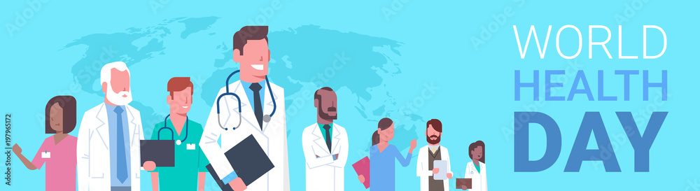 World Health Day Poster With Team Of Medical Doctors Over World Map Background Horizontal Banner Flat Vector Illustration World Health Day Poster With Team Of Medical Doctors Over World Map Background Horizontal Banner Flat Vector Illustration
