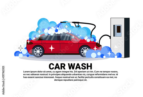 Car Wash Station Banner With Service Cleaning Vehicle Over Copy Space Background Flat Vector Illustration