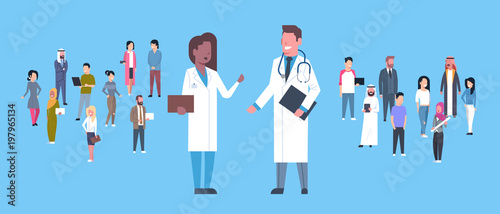 Man And Woman Medical Doctor Over Group Of Patients On Blue Background Horizontal Banner Flat Vector Illustration