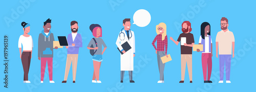 Medical Doctor With Group Of People Patients On Blue Background Horizontal Banner Flat Vector Illustration