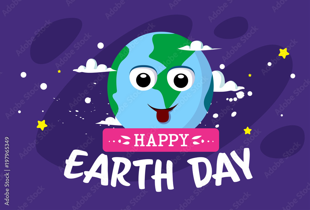 Happy Earth Day Greeting Card With Cute Cartoon Planet Ecology Protection Concept Flat Vector Illustration