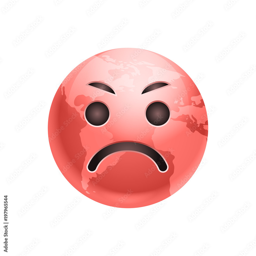 Fototapeta premium Cartoon Earth Red Face Angry Emotion Icon Funny Planet Expression Isolated Flat Vector Illustration