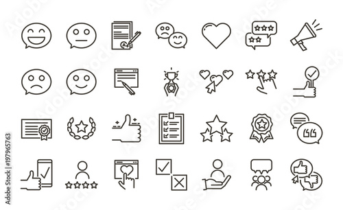Feedback, testimonial evaluation and review icon set. Customer satisfaction online survey concepts. Vector thin line trendy design illustration.