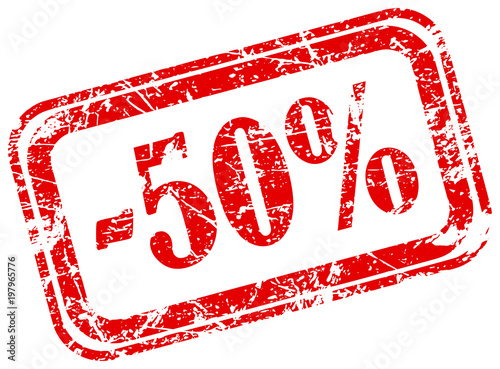 50 percent off marketing deal offering grunge red rubber stamp label isolated on white