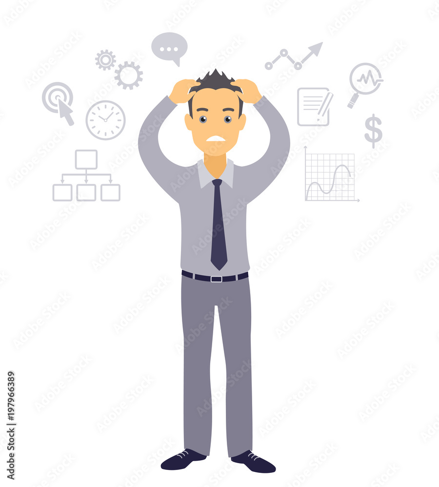 Business man feels stressed because of his job Business man feels stressed because of his job