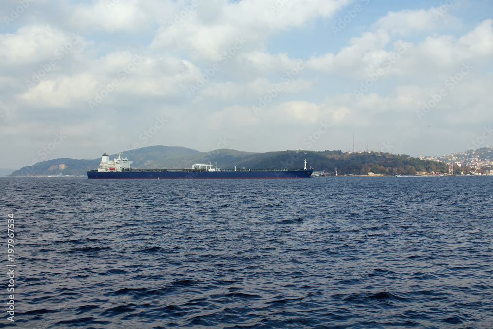 View of dry cargo vessel passing Bosphorus strait in Istanbul