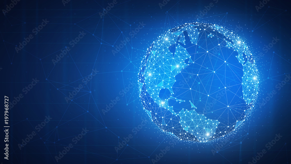 Obraz premium Futurystyczne tło hud technologii Blockchain ze światową kulą ziemską i wieloboczną siecią typu peer to peer. Koncepcja banera biznesowego fintech globalnej kryptowaluty.