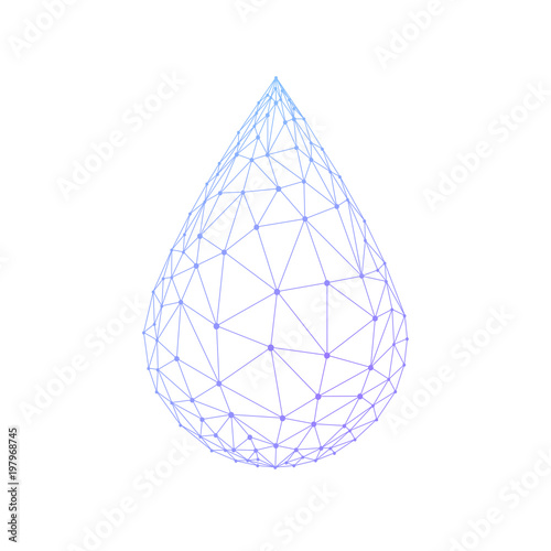 Water drop or oil drop icon made with blockchain technology network polygon isolated on white background. Connection structure of droplet or raindrop. Low poly design.