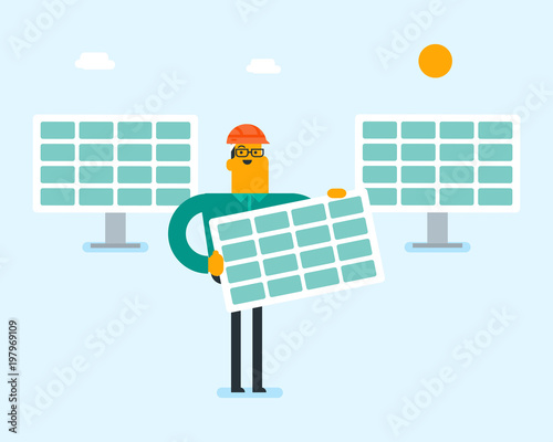 Young caucasian white man in hard hat holding solar panel on the background of solar power plant. Renewable energy concept. Vector cartoon illustration.