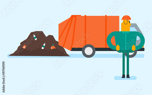 Caucasian white man standing on the background of garbage truck unloading waste on a rubbish dump. Worker dumping the rubbish on a landfill. Vector cartoon illustration. Horizontal layout.