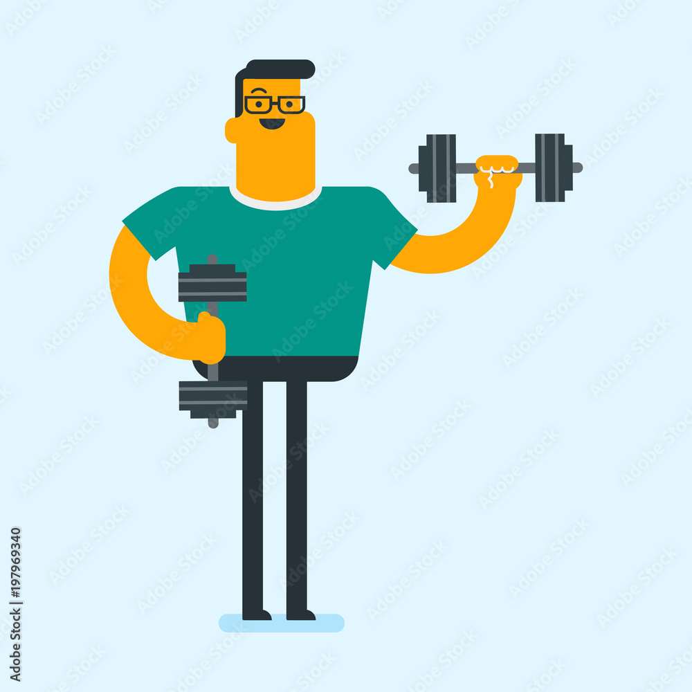 Young caucasian white bodybuilder doing exercises with a heavy weight dumbbell. Muscular sportsman pumping up biceps in the gym. Physical activity concept. Vector cartoon illustration. Square layout.