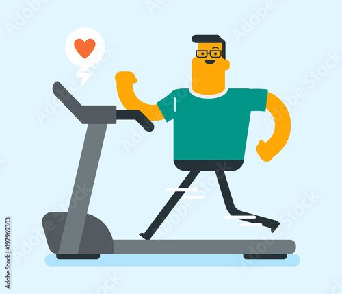 Young caucasian white man running on treadmill. Sporty man exercising on treadmill. Healthy lifestyle, work out and sport concept. Vector cartoon illustration. Square layout.