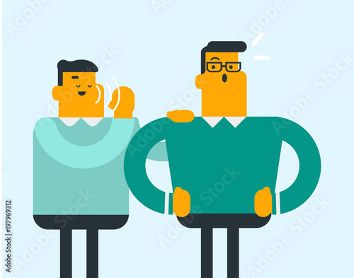 Young caucasian white man shielding his mouth and speaking in a whisper a gossip to his friend. Two men sharing and discussing gossip. Vector cartoon illustration. Horizontal layout.