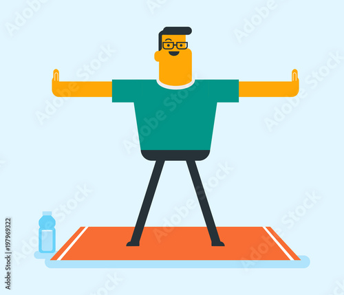 Young Happy Caucasian White Man Doing Stretching Warm Up Exercise Sportsman Standing On The Mat And Stretching His Arms To The Side Before Work Out Vector Cartoon Illustration Horizontal Layout Stock Vector