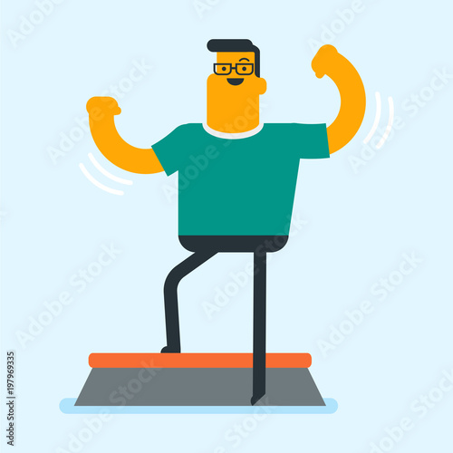 Young caucasian white man doing step exercise during workout. Sportsman training on a stepper in the gym. Healthy lifestyle and sport concept. Vector cartoon illustration. Square layout.