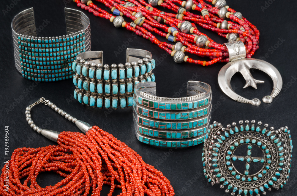 Foto Stock Collection of Native American Turquoise, Silver and Coral Bead  Jewelry. Cuff Bracelets and Bead Necklaces. | Adobe Stock