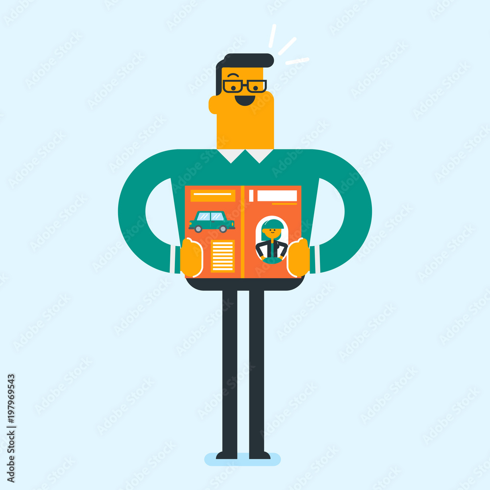 Smiling caucasian white man reading a magazine. Young man standing with a magazine in hands and reading good news. Full length of guy with journal. Leisure concept. Vector cartoon illustration.