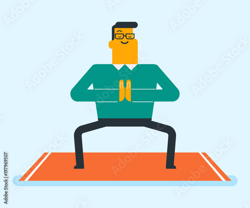 Happy caucasian white sportsman meditating in yoga goddess pose. Man relaxing in the yoga goddess position or sumo squat posture on the mat. Healthy lifestyle concept. Vector cartoon illustration. photo