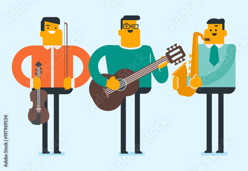 Band of caucasian white musicians playing the musical instruments