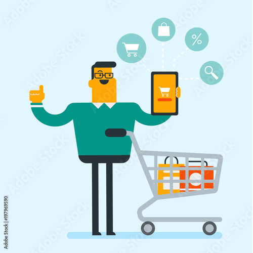 Young caucasian white man showing tablet computer with a cart on the screen. Man using tablet for online shopping. Concept of ecommerce and online shopping. Vector cartoon illustration. Square layout.