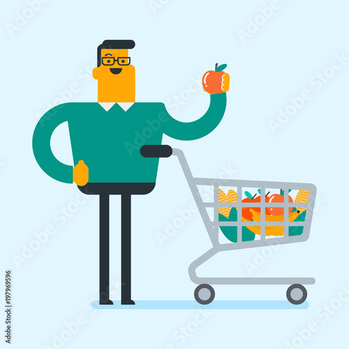 Caucasian white man doing shopping at the grocery shop. Man showing an apple while standing next to the shopping cart full of healthy food from grocery shop. Vector cartoon illustration. Square layout