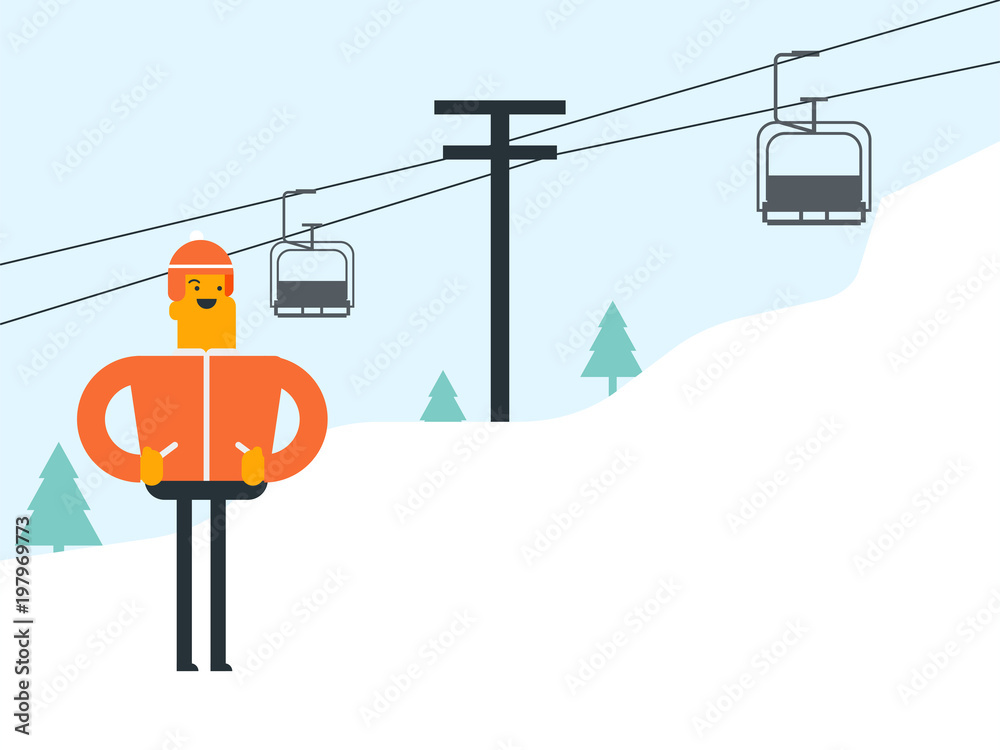 Φωτογραφία Caucasian white man in helmet standing on the background of ski lift with chair in the mountains