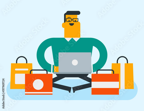 Young caucasian white man sitting on the floor among shopping bags with a laptop computer. Man doing online shopping. Guy buying on internet. Vector cartoon illustration. Horizontal layout.