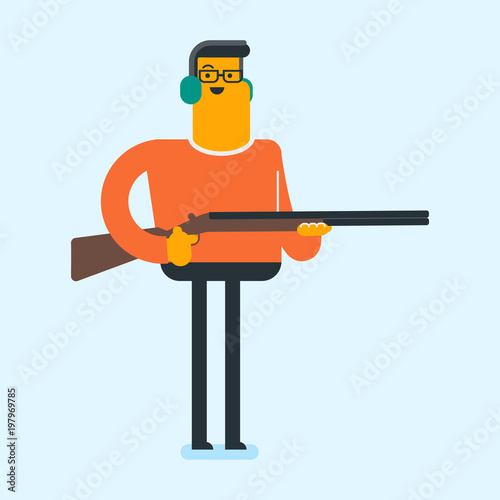 Caucasian white sportsman wearing headphones and shooting skeet with a rifle gun. Young man aiming with a rifle gun at the shooting range. Vector cartoon illustration. Square layout.