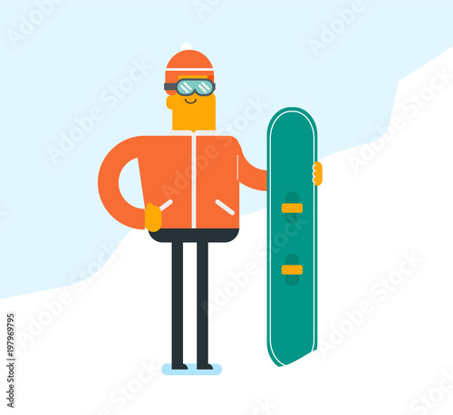 Young caucasian white man standing with a snowboard on the background of piste with snow in the mountains. Young snowboarder snowboarding in the mountains. Vector cartoon illustration. Square layout.