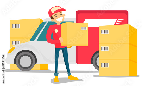 Young caucasian white male courier holding parcel box on the background of postal truck. Delivery man in red uniform carrying cardboard box. Delivery service concept. Vector cartoon illustration.