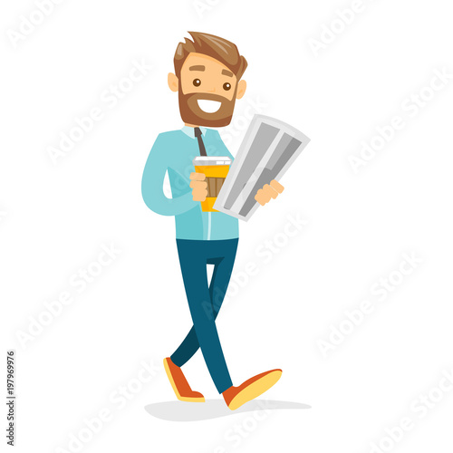 Cheerful caucasian woman reading the newspaper. Young smiling woman reading good news in newspaper. Woman standing with newspaper in hands. Vector cartoon illustration. Square layout.