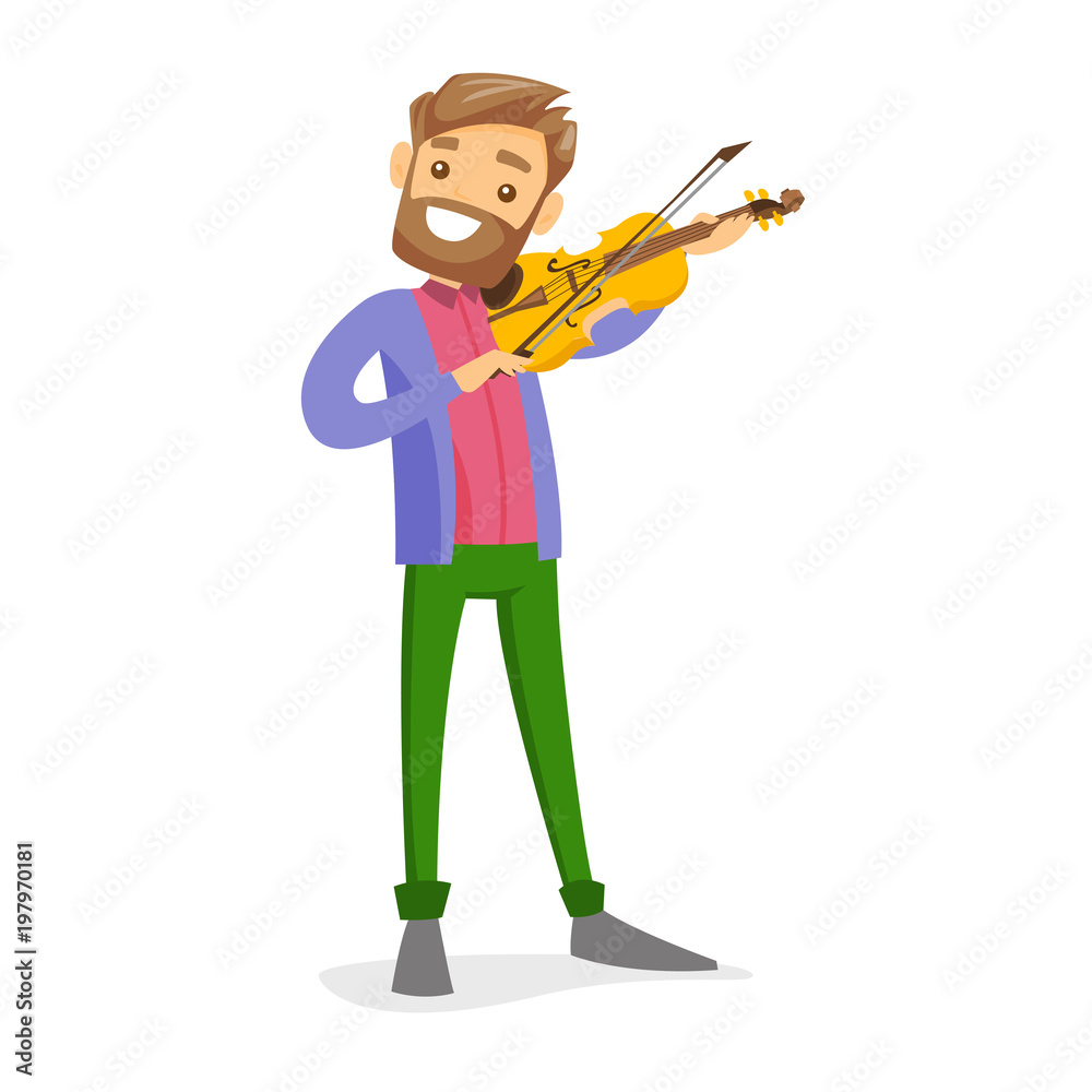 Young smiling caucasian white musician playing violin. Full length of cheerful violinist with a violin and fiddlestick. Vector cartoon illustration. Square layout. Young smiling caucasian white musician playing violin. Full length of cheerful violinist with a violin and fiddlestick. Vector cartoon illustration. Square layout.