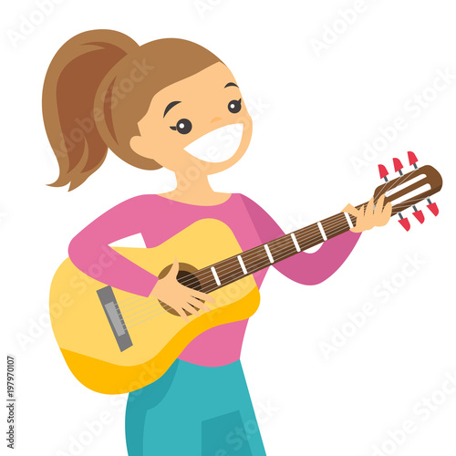 Friendly musician sitting with guitar in hands. Caucasian musician playing an acoustic guitar. Young female guitarist practicing in playing guitar. Vector cartoon illustration. Square layout.