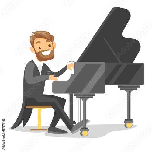 Young caucasian white musician playing piano. Pianist playing upright piano. Smiling male pianist performing on synthesizer. Vector cartoon illustration. Horizontal layout.