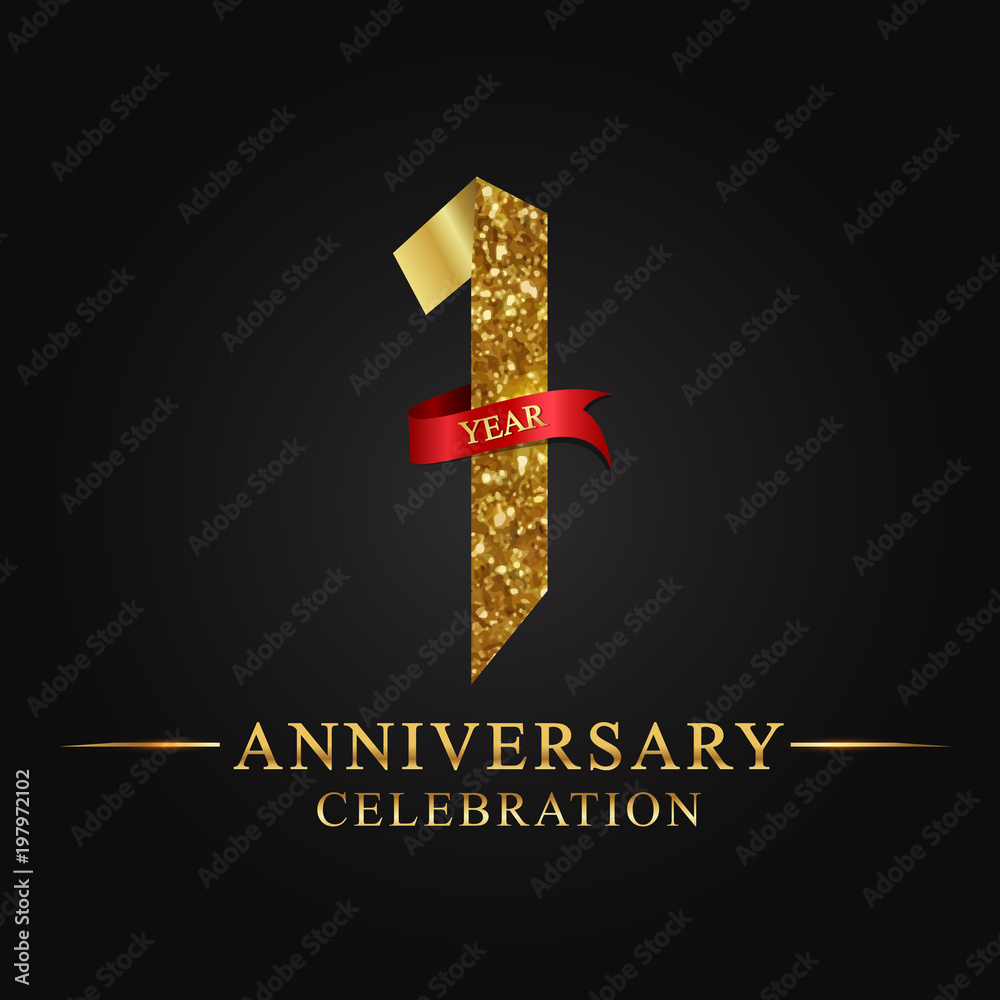 anniversary, aniversary, 1 year anniversary celebration logotype. Logo,ribbon golden number on black background.Numbers ribbon gold. - obrazy, fototapety, plakaty 