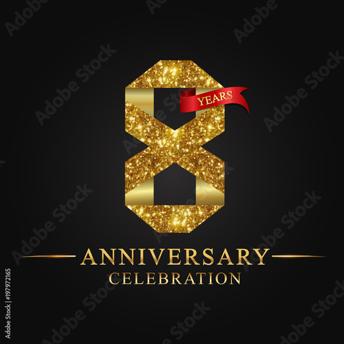 anniversary, aniversary, 8 years anniversary celebration logotype. Logo,ribbon golden number on black background.Numbers ribbon gold.