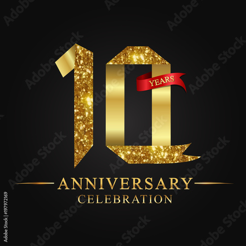 anniversary, aniversary, 10 years anniversary celebration logotype. Logo,ribbon golden number on black background.Numbers ribbon gold.