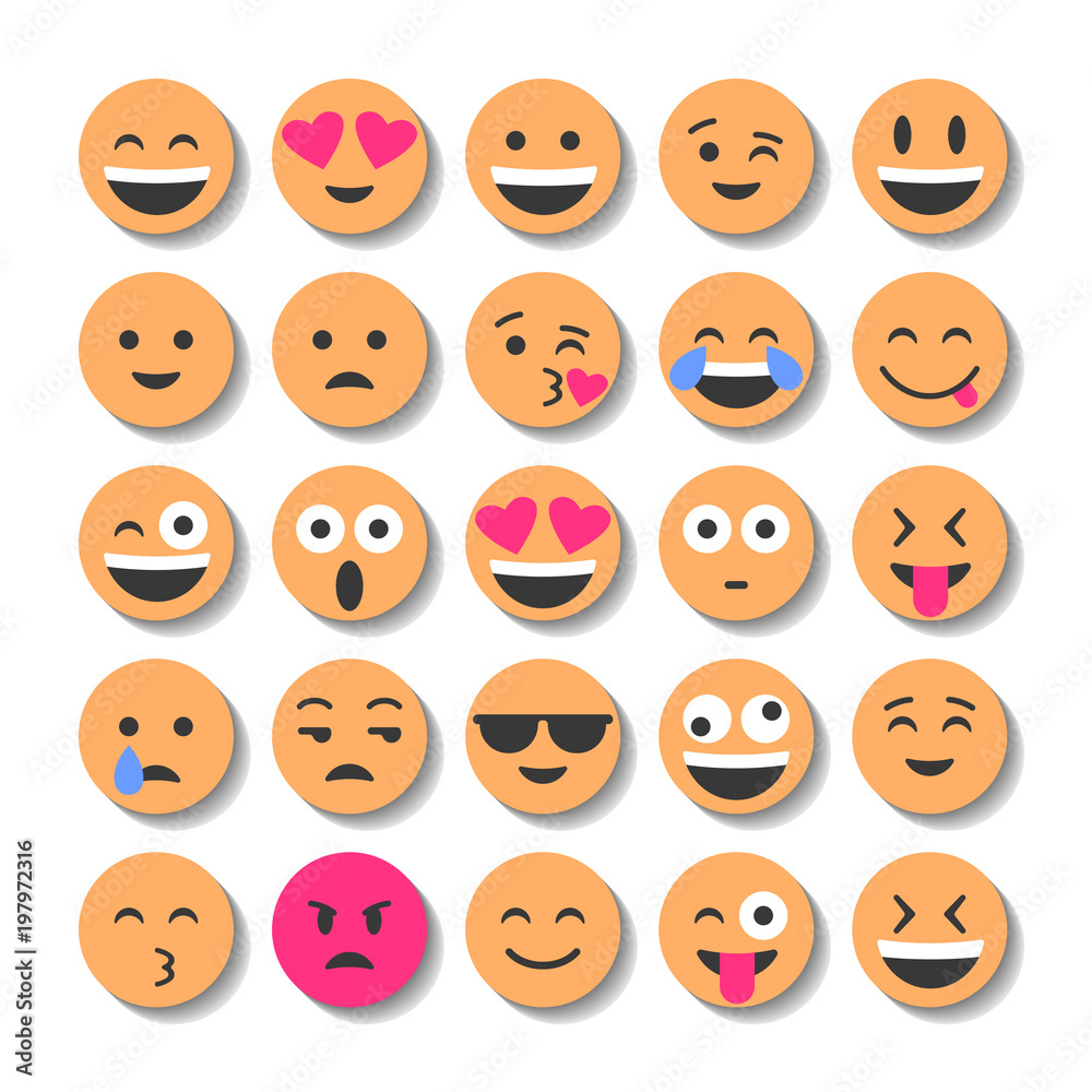Emoji and emoticons. Smiles, flat icons. Set or collection of characters. Emoji and emoticons. Smiles, flat icons. Set or collection of characters.