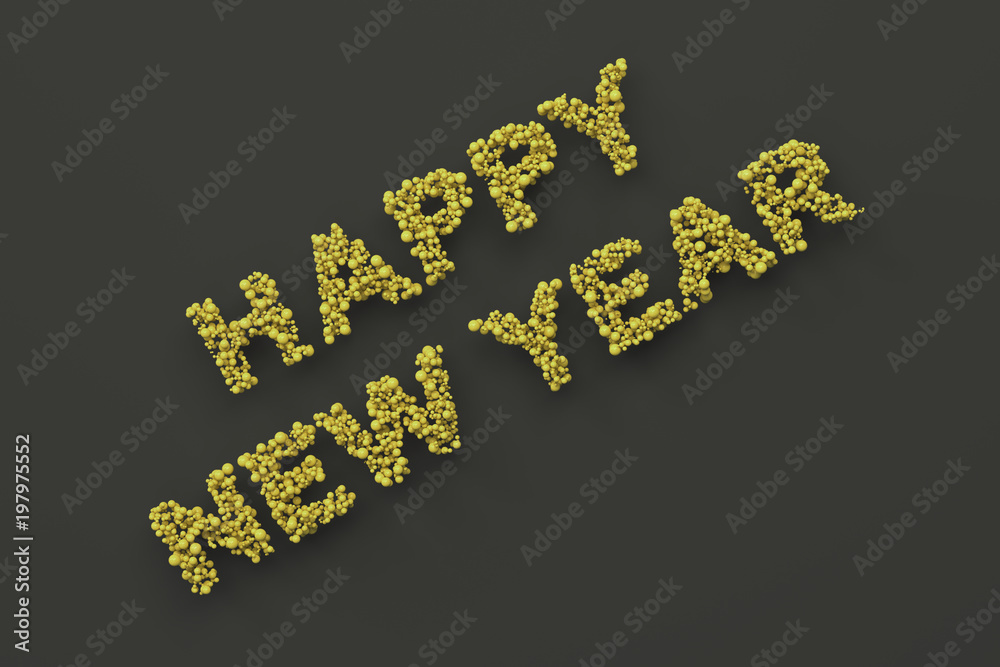 Happy New Year words from yellow balls on black background