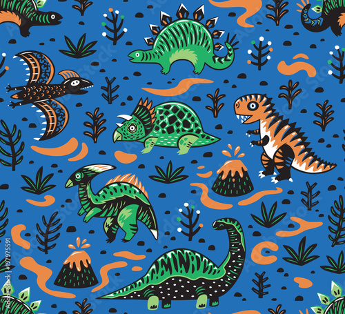 Cute cartoon dinosaurs seamless pattern in red  green and blue colors. Vector illustration