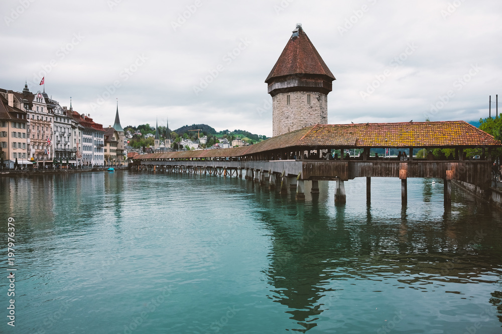 Chapel Bridge and Water Tower in Luzern - Switzerland