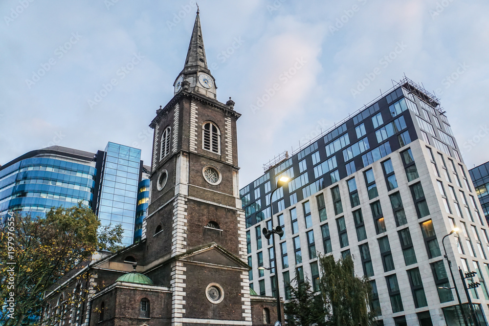 London / UK - November 10 2017: clock on Church of St. Botolph Aldgate