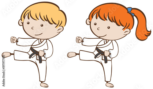 Two kids playing karate