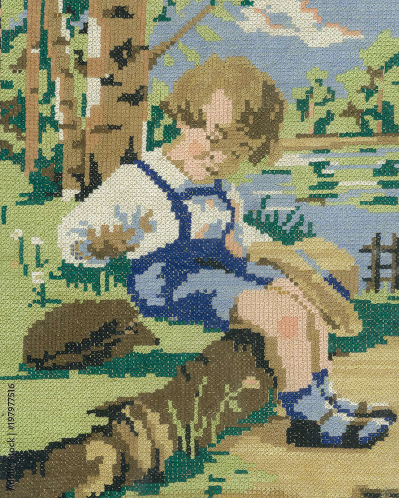 Fototapeta premium boy and hedgehog (embroidery)