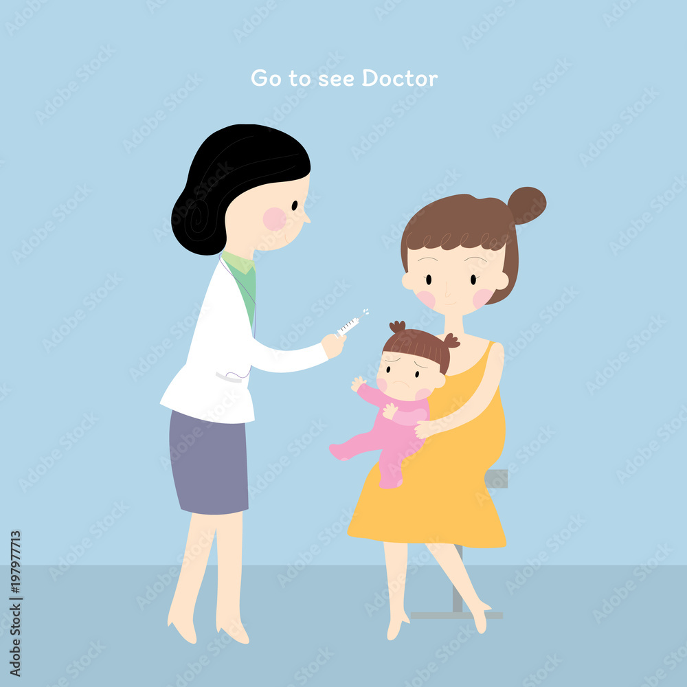 Cartoon cute woman doctor is injecting the baby, Mother carries a baby for treatment in hospital vector. Cartoon cute woman doctor is injecting the baby, Mother carries a baby for treatment in hospital vector.