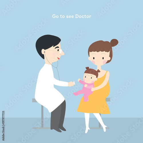 Cartoon cute  doctor is injecting the baby, Mother carries a baby for treatment in hospital vector.