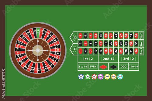 Roulette, a game of roulette with chips. Game table in the casino with roulette and chips.